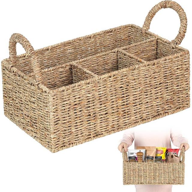 Divided Baskets with Handles, Storage Basket Natural for Organizing Bathroom Kitchen Shelves Office Supplies Organization, Wicker Storage Baskets 4 Section, 4-Compartment Wicker Basket.