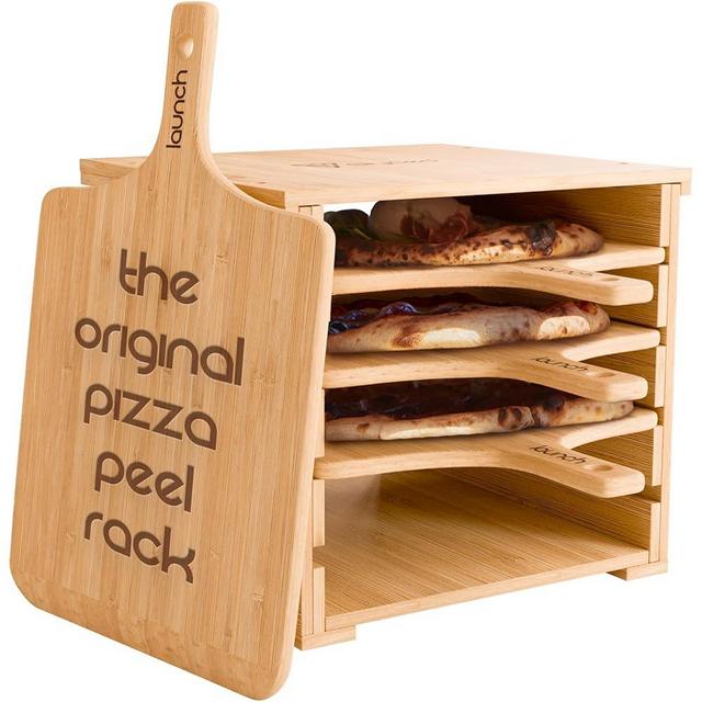 Slyced Wood Pizza Peel Rack | Includes 4 x 12 Inch Non-Stick Bamboo Pizza Boards | Real Wood Pizza Paddle Stand | Innovative Design Allows More Time With Family And Less Time On Prep