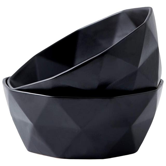 Bruntmor Geometric Modern Matte Set Of 2 Large Salad Serving Bowls 60 Oz Oven Safe. Deep Soup Bowl for Family Servings, Cereal, Salads, Pasta, fruite Bowls, 1.8 Quarts, Black