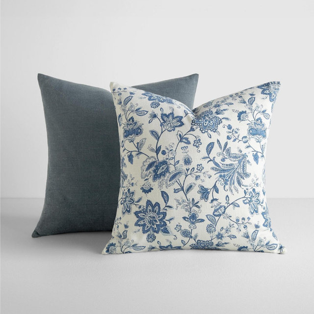 2-Pack Cotton Slub Navy Jacobean Throw Pillows and Pillow Inserts Set - Becky Cameron, Jacobean Navy, 20 x 20