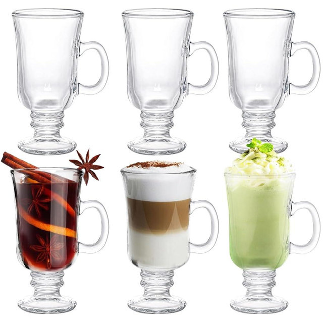 SHANDERBAR Set of 6 Irish Coffee Mugs, 8.5 Oz Irish Coffee Glasses with Handle & Footed Stem Base, Clear Glass Mugs Espresso Glass Cups for Hot Cold Beverages, Tea, Latte, Cappuccino, Smoothie