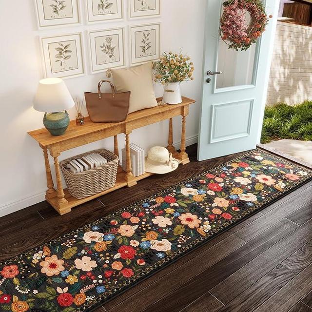 Rugcomf Runners for Hallways Kitchen Runner Rug Non Slip 2'x 10' Long Washable Runner Rugs with Rubber Backing Soft Floral Carpet Runner for Hallways, Kitchen, Laundry, Bedroom, Bathroom(Black)