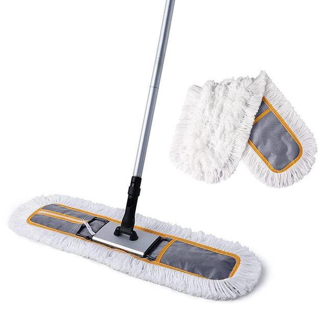 CLEANHOME 24" Commercial Dust Mop for Floor Cleaning, Heavy Duty Floor Mop with 2 Cotton Mop Pads, Hotel Gym Garage Hospital Household Cleaning Supplies for Hardwood, Tiles, Marble Floors Mopping,Grey