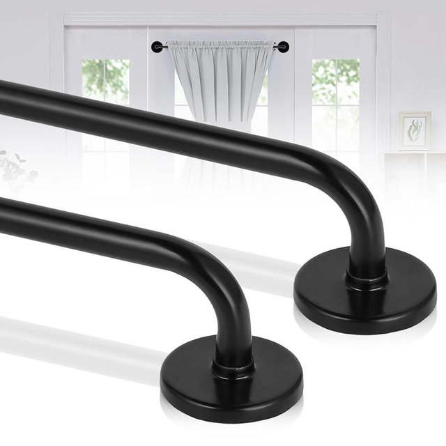 Ruiony 2 Pack Magnetic Curtain Rod for Metal Doors, French Door Curtain Rods Adjustable from 17 to 30 Inch, 3/8 Inch Diameter, Magnetic Cafe Curtains Rod, No Tool and Easy Installation, Black