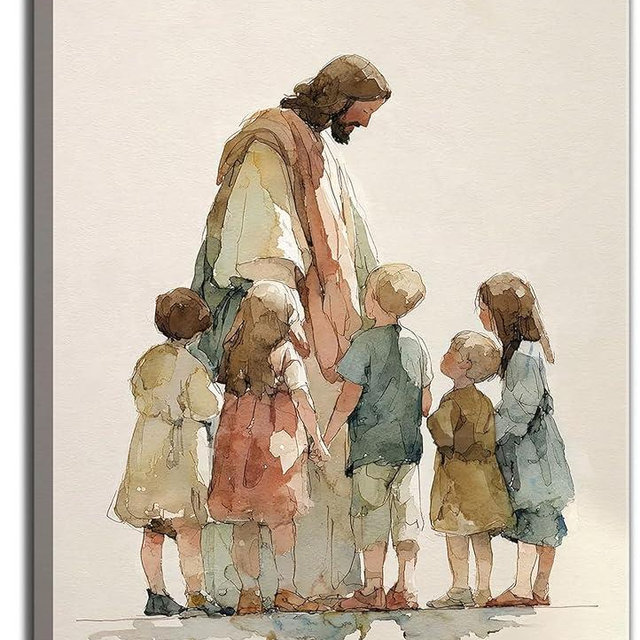 Jesus Children Canvas Wall Art Watercolor Jesus Child Painting Decor Pictures Nursery Christian God Posters Prints for Dining Living Prayer Room Kitchen Church Wall Bedroom Decoration
