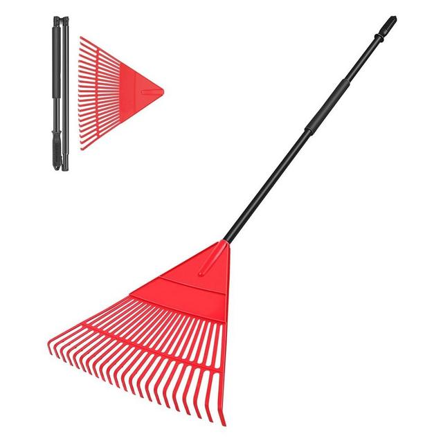 Garden Leaf Rake, 60" Garden Rakes with Foldable Lightweight Steel Handle, 22 Tines Plastic Head Shrub Rake, Folding Yard Garden Rake for Shrub, Lawns, Grass, Flower Beds Leaves Cleaning, Black & Red