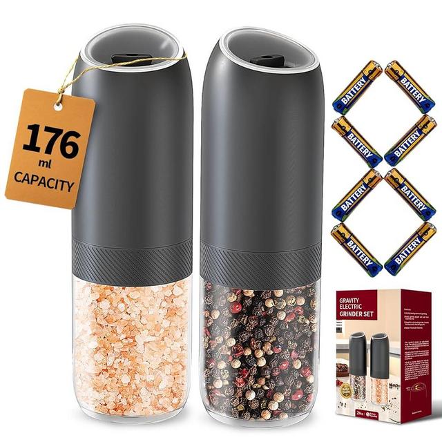 CIRCLE JOY Gravity Electric Salt and Pepper Grinder Set, Battery Powered Automatic Pepper Mills with Adjustable Coarseness, One Hand Operation, 176ml Large Container, Black - Includes 8 Batteries