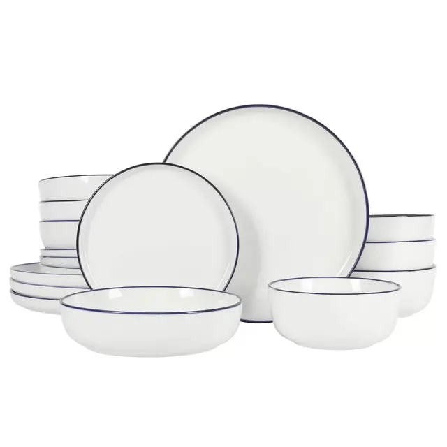 Gibson Home Oslo 16pc Dinnerware Set Blue Rim: Porcelain, Solid Pattern, Service for 4, Dishwasher-Safe