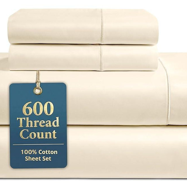 LANE LINEN Bed Sheets Queen Size – Premium 600 Thread Count Long-Staple 100% Cotton Sheets Queen Size Set, Hotel Luxury Soft & Cool Sateen Finish, Fully Elasticized 15" Deep Pocket – Ivory