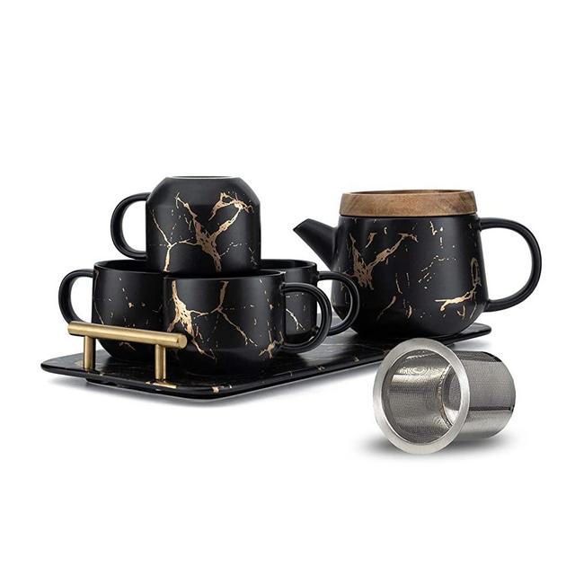 Taimei Teatime Ceramic Modern Black Teapot Set, 25-oz Tea Sets for Adults, Marble Design Teapot with Infuser and Tea Cup Set of 4 with Serving Tray