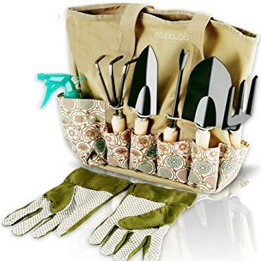 Scuddles Garden Tools Set - 8 Piece Heavy Duty Gardening Tools with Storage Organizer, Ergonomic Hand Digging Weeder, Rake, Shovel, Trowel, Sprayer, Gloves Gift for Men & Women (Floral)