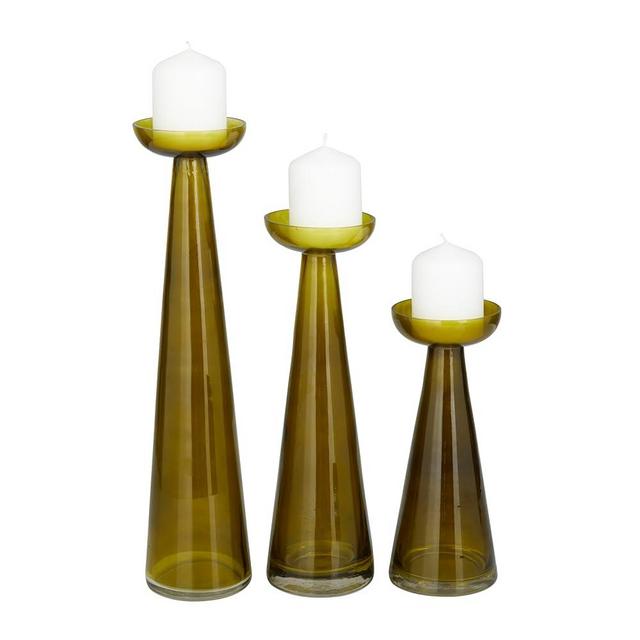 The Novogratz Glass Decorative Candle Holder Pillar Candle Stand, Set of 3 Candlestick Holder 15", 12", 9"H, Green