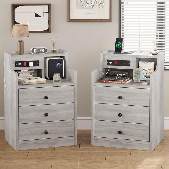 ADORNEVE Nightstand Set 2,Gray Nightstand with Charging Station & Hutch,Night Stands for Bedrooms Set of 2,Bedside Table with Drawers