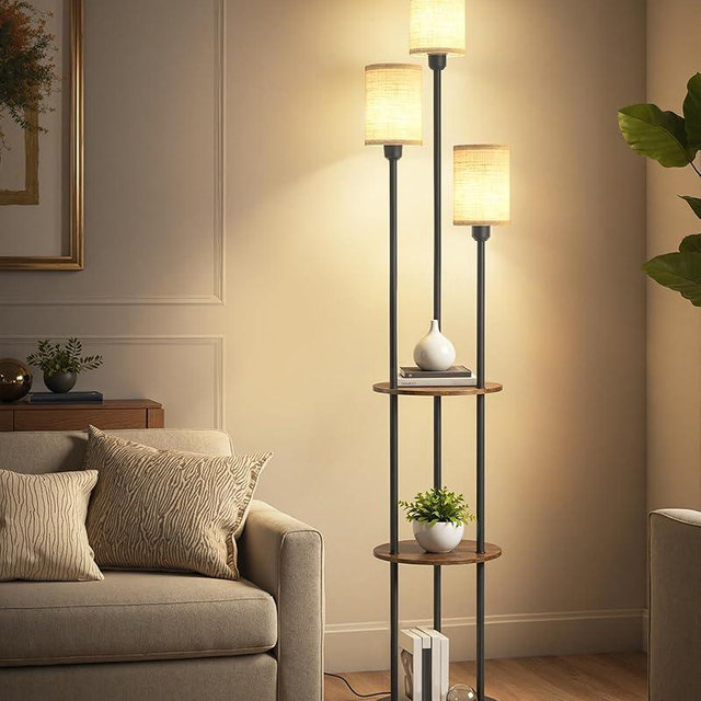 GOEBLESON 70.9" Floor Lamp with Shelves, Modern Floor Lamp with 3 Linen Shades and Foot Switch, 3-Light Standing Lamp, for Living Room, Bedroom, Study, Office, Rustic Brown and Beige EF53LD05