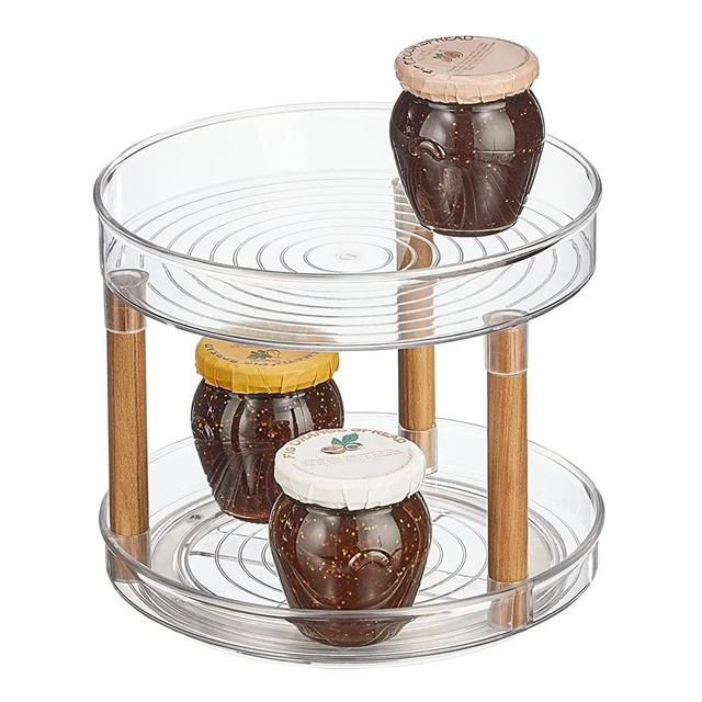 Nate Home by Nate Berkus 2-Tier Plastic 9-Inch Turntable Organizer with Ash Wood Accents for Kitchen Cabinet, Countertop, or Pantry Organizing from mDesign - Clear/Natural