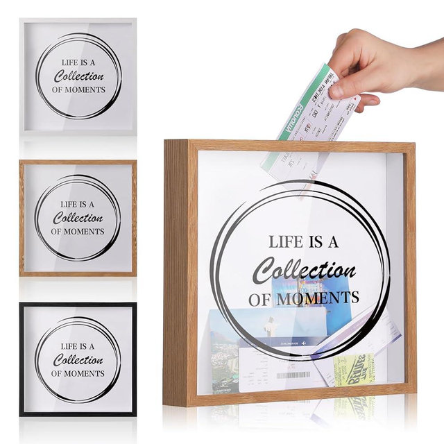 MUXIUNT Travel Adventure Challenge Archive Shadow Box Picture Frame with Slot,8&12In Travel Ticket Card Memory Box for Keepsake Box,Top Loading Shadow Box Display Case Travel decor Gift (Brown,12x12in