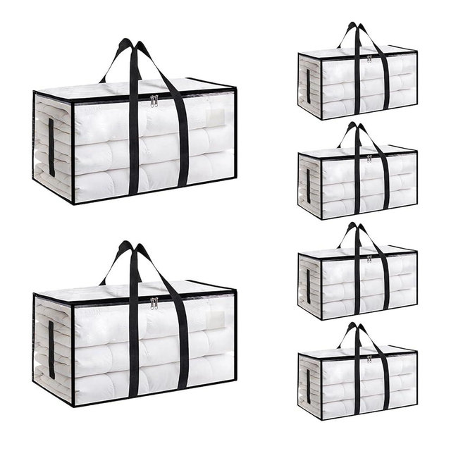 6 Pack-Extra Large Heavy Duty Moving Bags - Waterproof Storage Totes with Handles & Zippers, Foldable for College Dorm, Storage (Clear)