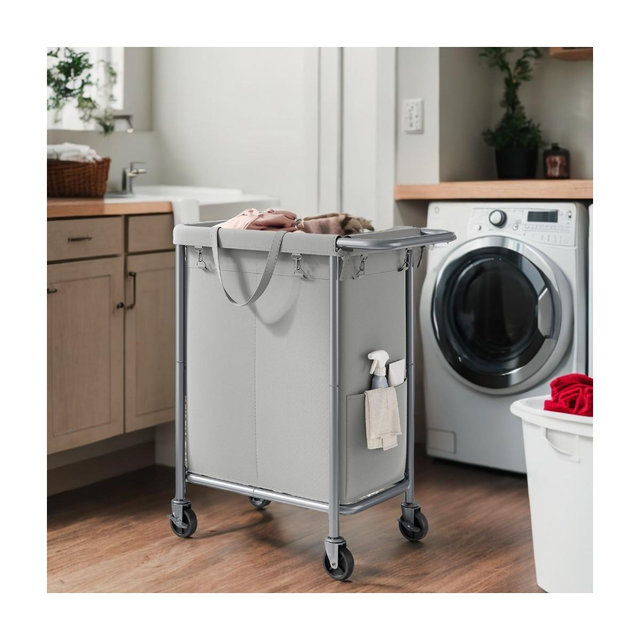 LEDREM 2-Section Rolling Laundry Basket Storage with Wheels, 37 Gallons Laundry Hamper, Removable Liner, Steel Frame,27.2 x 15.4 x 31.9 Inches