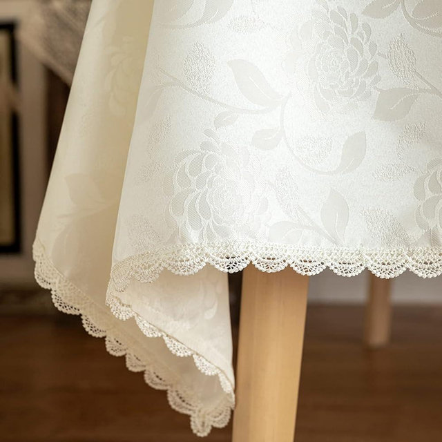 GLORY SEASON Textured Tablecloth Waterproof Spillproof Lace Trim Rectangle Jacquard Fabric Table Cloth, Kitchen Dinning Tabletop Decoration, Round Table Cover for Outdoor Use 60x102 Inch, Ivory White