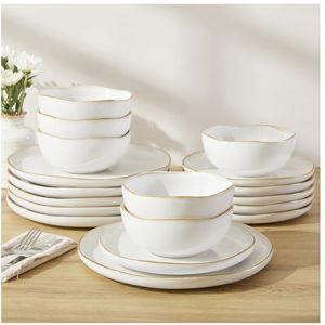 Pokini 18 Piece White Reactive Glaze Dinnerware Set for 6, Irregular Coastal Shape Stoneware | Elegant & Minimal Design for Daily Family Dinners or Weekend Guests