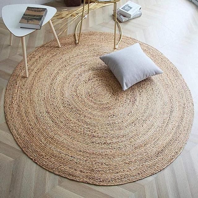 FRELISH DECOR Handwoven Jute Area Rug- 7 feet Round- Natural Yarn- Rustic Vintage Beige Braided Reversible Rug- Eco Friendly Rugs for Bedroom, Kitchen, Living Room, Farmhouse (7' Round)