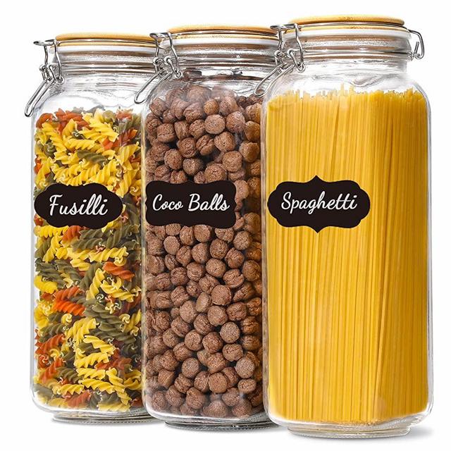 [ Taller ] 92oz Glass Jars with Airtight Lid, Large Glass Food Storage Jars, 3 Pack Wide Mouth Airtight Glass Jars for Kitchen Pantry Spaghetti, Square Mason Jars with Labels
