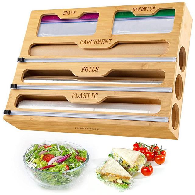 Foil and Plastic Wrap Organizer and Ziplock Bag Storage Organizer, Plastic Wraps Dispenser with Cutter 5 In 1,Aluminum Foil Organization and Storage for Drawer, Kitchen Wrap Organizer with 15" Roll