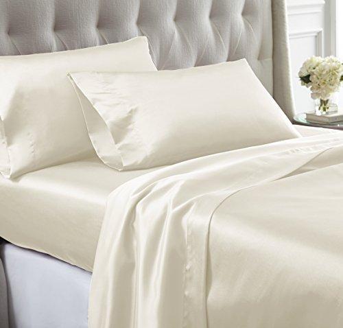 Scala Bedding Super Soft Satin Silk Ivory Solid 4PC Sheet Sets DEEP Pocket FIT UP to 12" (Queen)