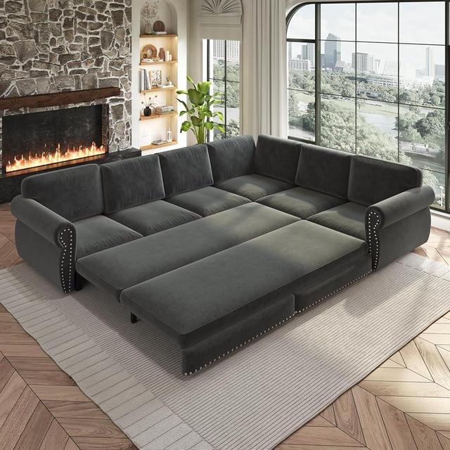 UPYOOE 118'' Sleeper Sofa Bed, Convertible Pull Out Couch, Upholstered Sectional Sofa, Chenille L-Shaped Couch with Nailhead Trim, Modern Sectional Couches for Living Room, Apartment, Dark Grey
