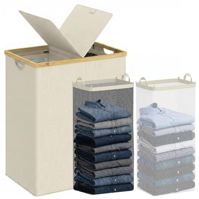 efluky Laundry Hamper with Lid, Double Laundry Basket with 2 Removable Bags, 2 Section Laundry Bin with Bamboo Handles for Bathroom, Bedroom & Laundry Room, 170L (44.9 Gallon) Beige