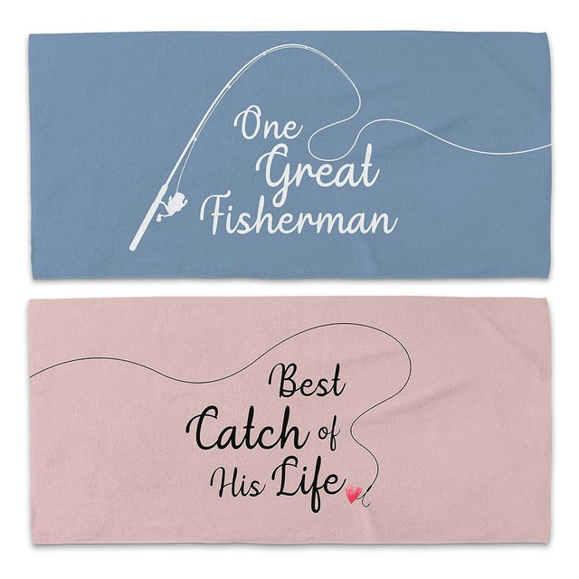 WAITPI Couple Funny Fisherman Beach Towel Set of 2, Honeymoon Wedding Beach Towels Gifts for Newlywed Bride Groom Valentine's Day, Blue and Pink Quick Dry Towels Oversized Decor for Bathroom 30x60in