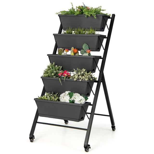 Costway 5-Tier Vertical Raised Garden Bed Elevated Planter with Wheels & Container Boxes Gray