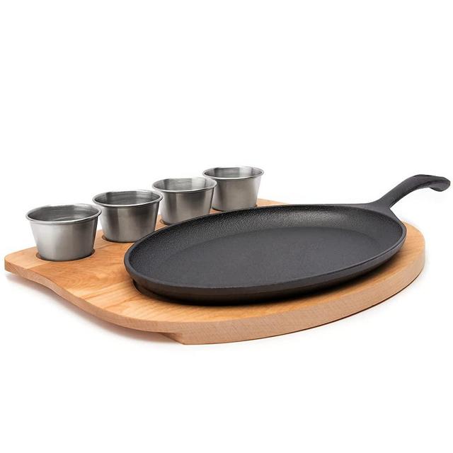 Uno Casa Cast Iron Fajita Skillet Set - 9.8x7.3 Inch Pre-Seasoned Sizzling Plate with Wooden Base, Heavy Duty, Induction Fajita Steak Plate - 4 Stainless Steel Sauce Dips Included