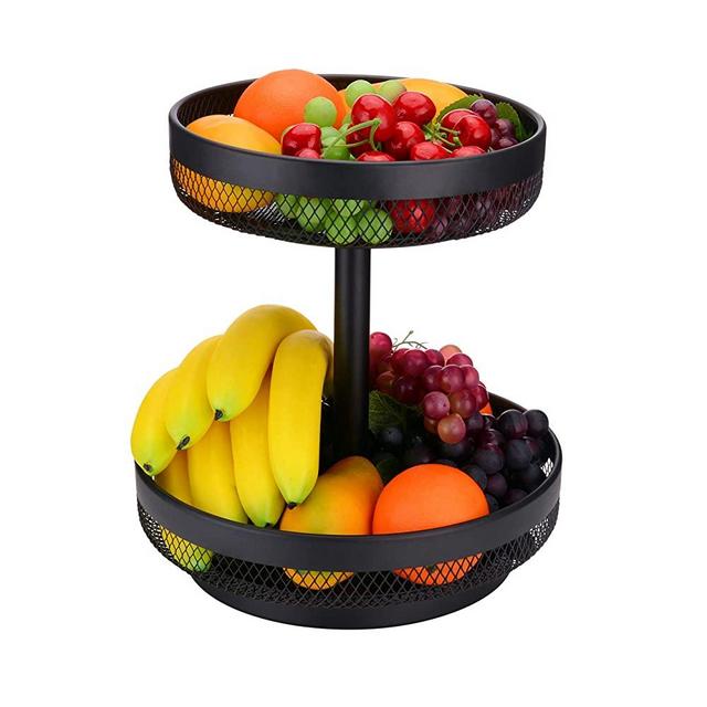 IBERG 2 Tier Fruit Basket Mesh Fruit Bowl - Basket Stand for Fruits Vegetables Bread Snacks (Black)
