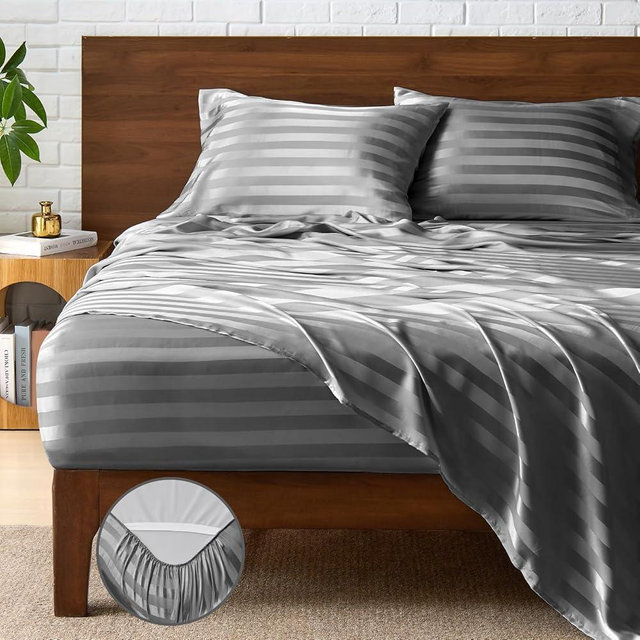 BEDELITE Satin Sheets King Size, Luxury Jacquard Striped Dark Grey Bedsheets with Elastic Corner Straps, Similar to Silk Sheets Set 4 PC with 1 Deep Pocket Fitted Sheet, 1 Flat Sheet, & 2 Pillowcases