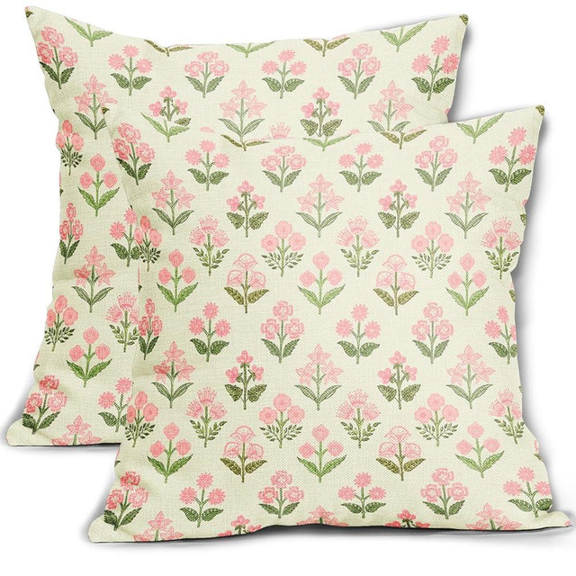 Pink Green Floral Pillow Covers 24x24 Inch Set of 2, Vintage Flower Block Print Decorative Throw Pillowcases Outdoor Farmhouse Cushion Covers Spring Summer Rustic Decoration Sofa Couch Bed Decor