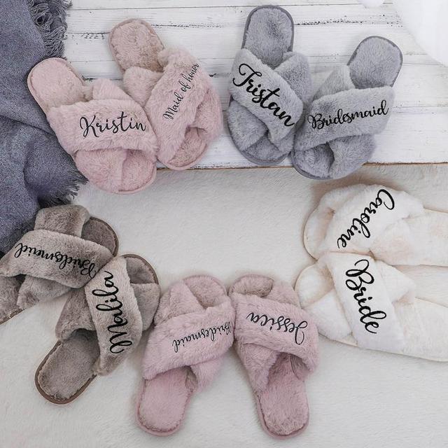 Fur Slippers Personalized Wedding Bachelorette Party Gifts,Bridesmaid-Birthday-Wedding Custom Slippers,Gifts for Her,Slippers Wholesale