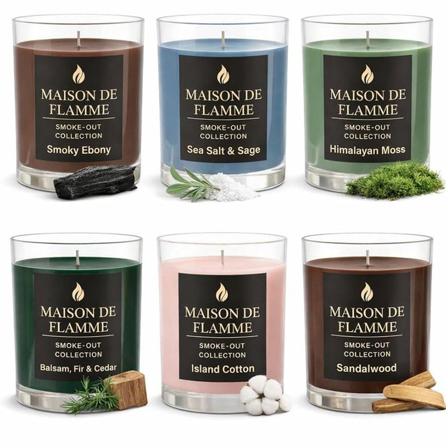 Smoke-Out Soy Candle Set of 6 for Smoke & Odor Removal – Subtle Luxury Home Fragrance, 5.3 oz Each – Smoky Ebony, Sea Salt & Sage, Himalayan Moss, Balsam Fir & Cedar, Island Cotton, Sandalwood