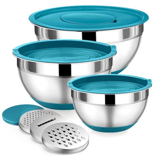 P&P CHEF Mixing Bowls Set of 3, Stainless Steel Salad Nesting Bowl with Blue Lids for Food Preparing,Serving, 3 Grater Attachments & Non-Slip Bottoms, Size 1.5/2.6/4.6 QT