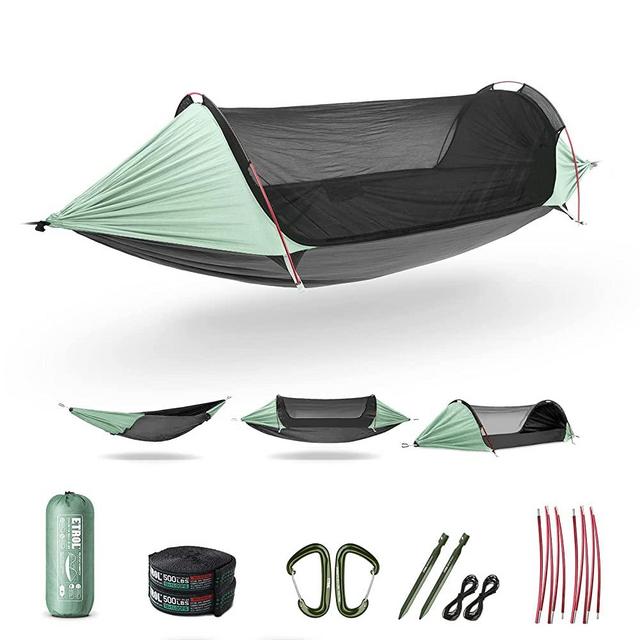 ETROL Camping Hammock with Mosquito Net,3 in 1 Function Parachute Portable Hammock,Double & Single Hammocks Tent for Travel Outdoor Indoor Hiking Patio - with Tree ​Straps,Carabiners,Aluminium Poles