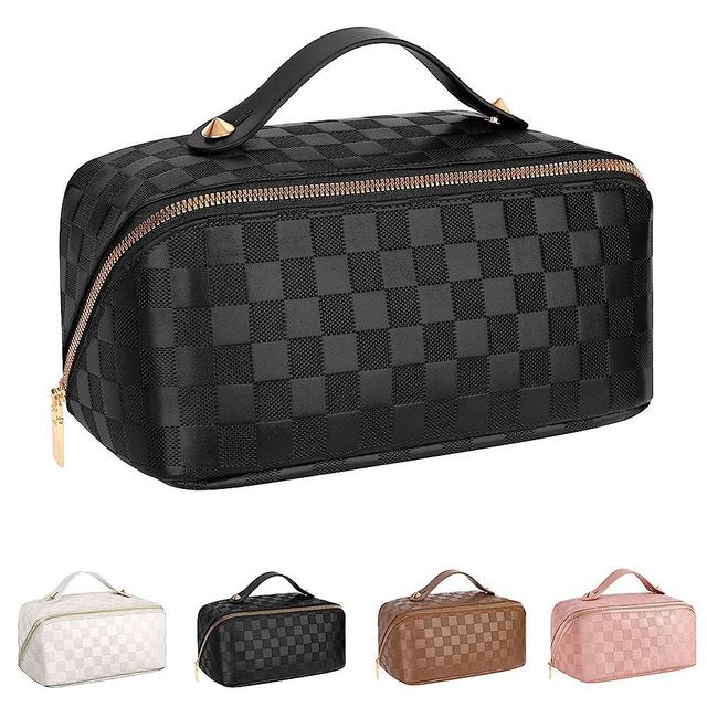 ALEXTINA Large Capacity Travel Cosmetic Bag - Portable Makeup Bags for Women Travel Toiletry Bag Waterproof Leather Checkered Makeup Organizer Bag, Roomy Cosmetic Bag for Women and Girls, Black