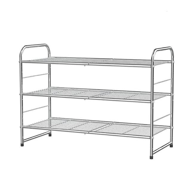 Simple Trending 3-Tier Stackable Shoe Rack, Expandable & Adjustable Shoe Shelf Storage Organizer, Wire Grid, Chrome