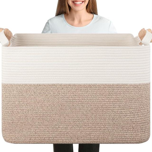 XXXL Large Blanket Basket, 108L Storage Basket, Cotton Rope Baskets for Living Room, Supre Large Toy Basket for Kids, Woven Basket for Clothes, Towels, Pillows, 25" x 16" x 16", Brown and White