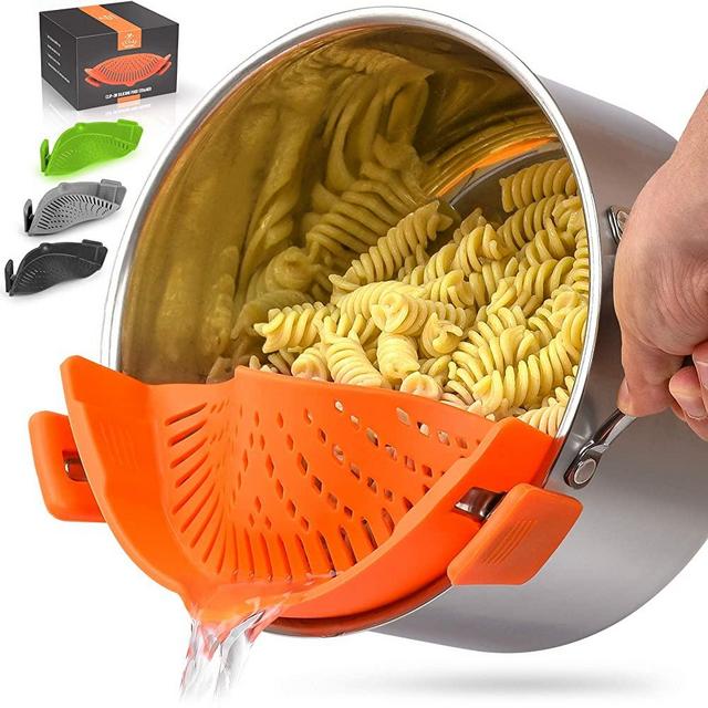 Zulay Silicone Pot Strainer - Adjustable Snap On Strainer For Most Pots & Pans - Food Grade, Heat Resistant Pot Strainer Clip On Silicone Colander For Draining Pasta, Fruits, & Vegetables (Orange)