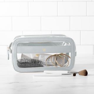 Grey Blue Large Vegan Leather Travel Cosmetic Case