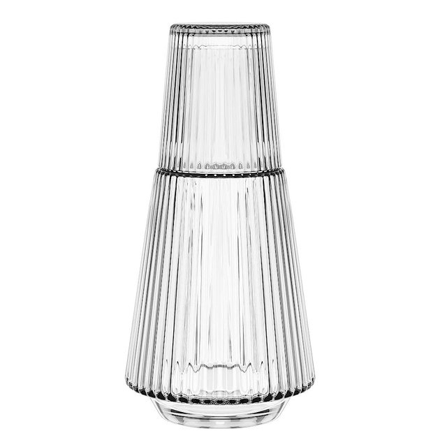 American Atelier Vintage Bedside Water Carafe with Tumbler – 37 Oz Ribbed Pitcher and Matching Drinking Glass Doubles as Lid for Guest Room, Office, or Gift, 4.5”x 9.25" (Clear)