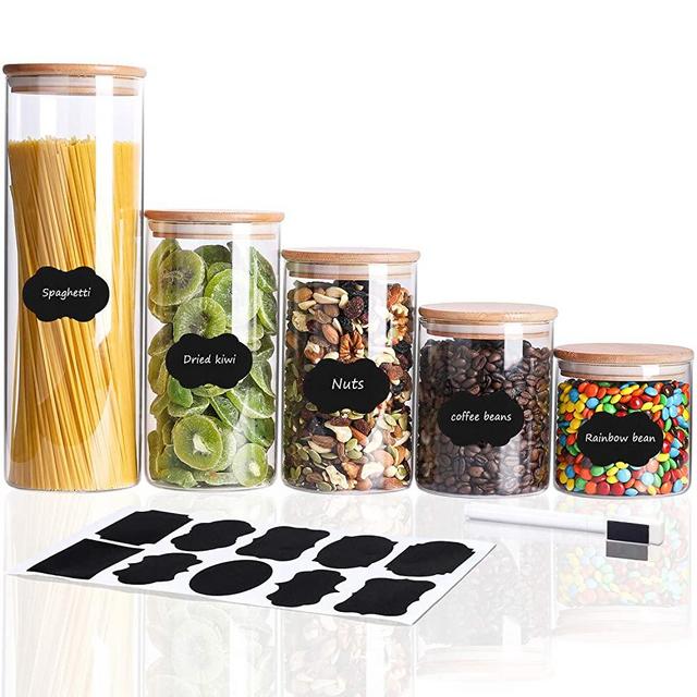 TIANGR 5 Pack Glass Storage Jars Set - 26/34/45/53/80 oz - Food Container Jar with Airtight Lid, Pantry Kitchen Canister For Pasta Spaghetti Nuts Coffee Bean Candy Suagr- Include Stickers & Marker