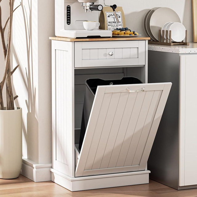 Spurgehom 13 Gallons Tilt Out Trash Cabinet Kitchen Waste Bins Free Standing Laundry Hamper Recycling Cabinet Trash Can Holder with Hideaway Drawer Pet Proof Trash Can for Living Room, White