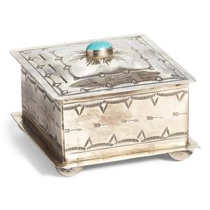 Silvertone & Turquoise Square Stamped Box