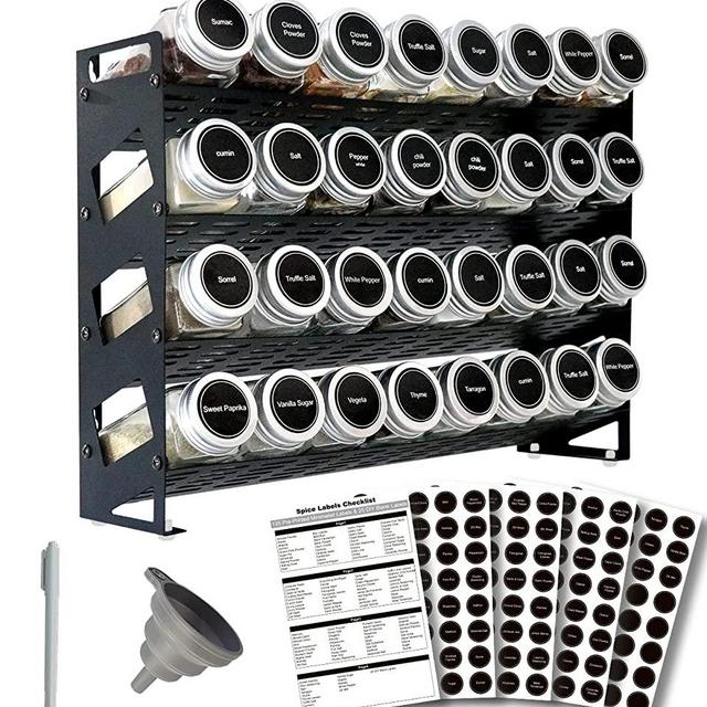 Ardier 4 Tier Spice Rack Organizer with 32 Square Spice Jars and 160 Spice Labels Set for Kitchen Cabinet Countertop Pantry or Wall Mount, Matte Black